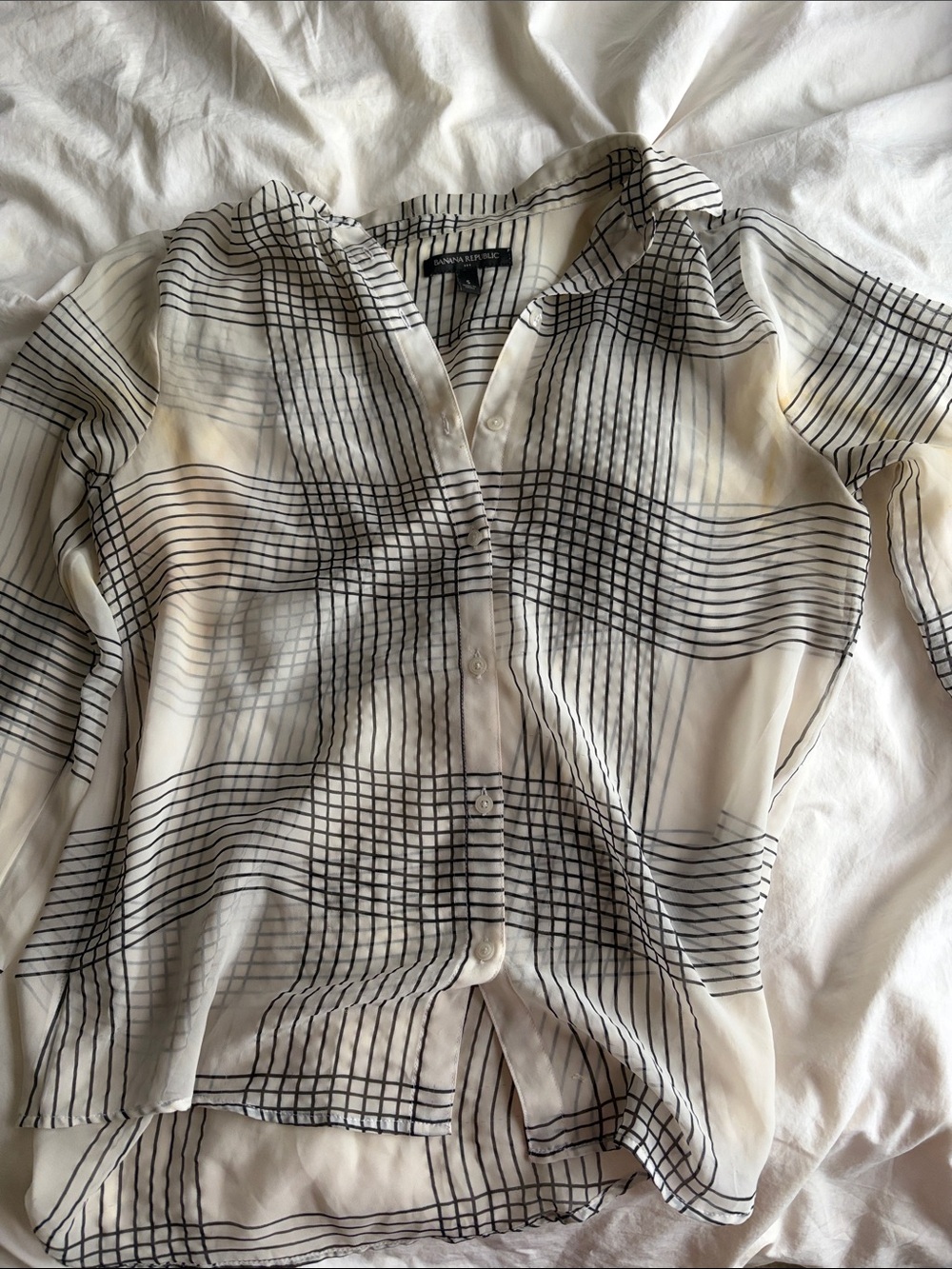 Banana Republic White Sheer Button-Down with Black Grid Print
